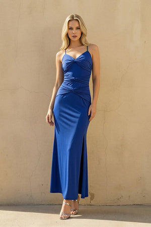 Spaghetti Straps Ruched Midi Dress With Slit in Royal Blue - SHE IS ME