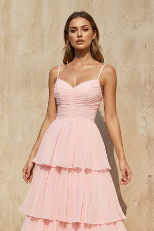 Spaghetti Straps Ruffled Gown in Blush - SHE IS ME Prom Dresses