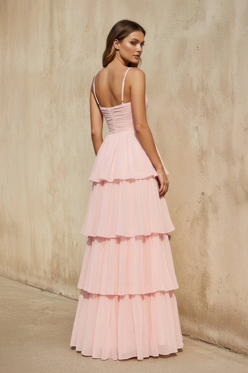 Spaghetti Straps Ruffled Gown in Blush - SHE IS ME Prom Dresses