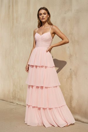 Spaghetti Straps Ruffled Gown in Blush - SHE IS ME Prom Dresses