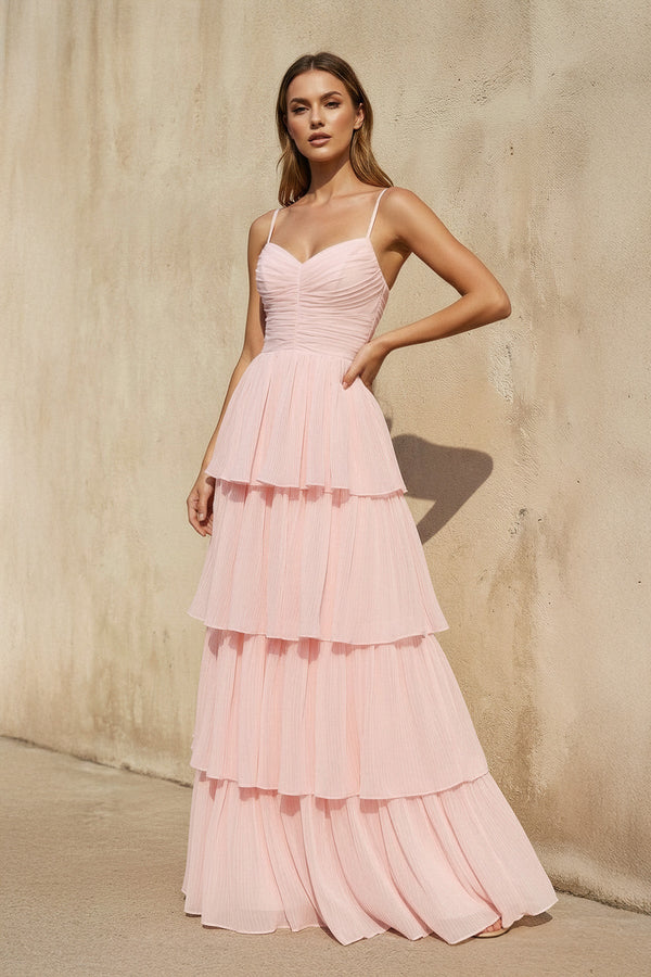 Spaghetti Straps Ruffled Gown in Blush - SHE IS ME Prom Dresses