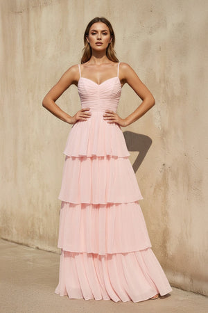 Spaghetti Straps Ruffled Gown in Blush - SHE IS ME Prom Dresses