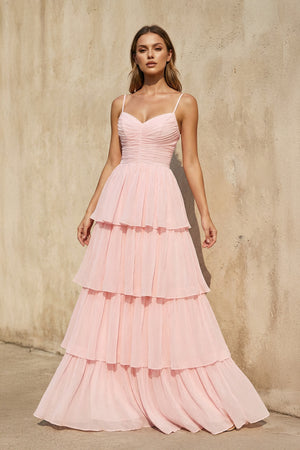 Sheisme-Blush Pink Spaghetti Straps Ruffled A-Line Maxi Evening Formal Dress