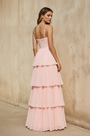 Sheisme-Blush Pink Spaghetti Straps Ruffled A-Line Maxi Evening Formal Dress