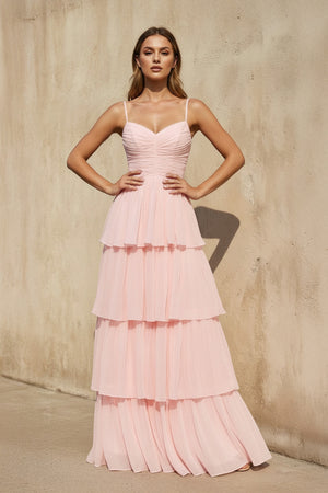 Sheisme-Blush Pink Spaghetti Straps Ruffled A-Line Maxi Evening Formal Dress