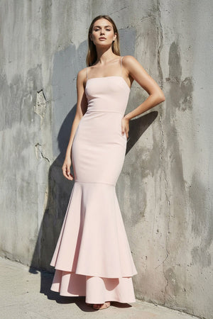 Spaghetti Straps Ruffled Mermaid Maxi Dress in Blush Pink - SHE IS ME PROM DRESSES