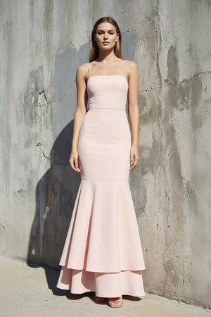 Spaghetti Straps Ruffled Mermaid Maxi Dress in Blush Pink - SHE IS ME PROM DRESSES