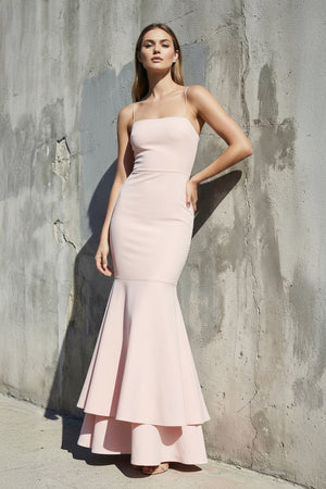 Sheisme - Spaghetti Straps Ruffled Mermaid Maxi Dress in Blush Pink