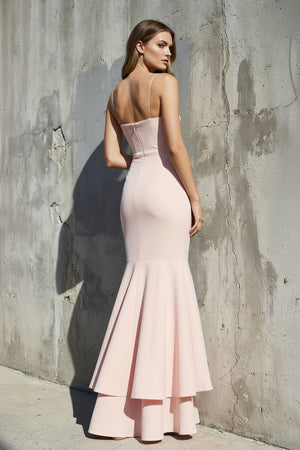 Sheisme - Spaghetti Straps Ruffled Mermaid Maxi Dress in Blush Pink