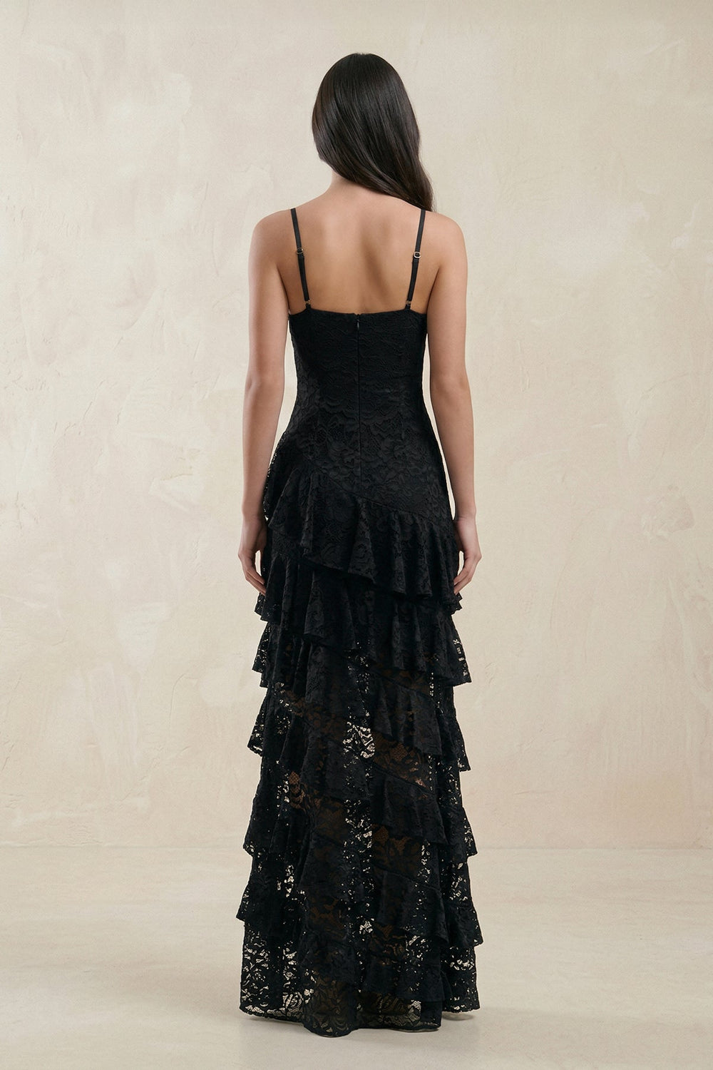 Spaghetti Straps Ruffled Sheath Lace Wedding Dress in Black - SHE IS ME Wedding Dresses