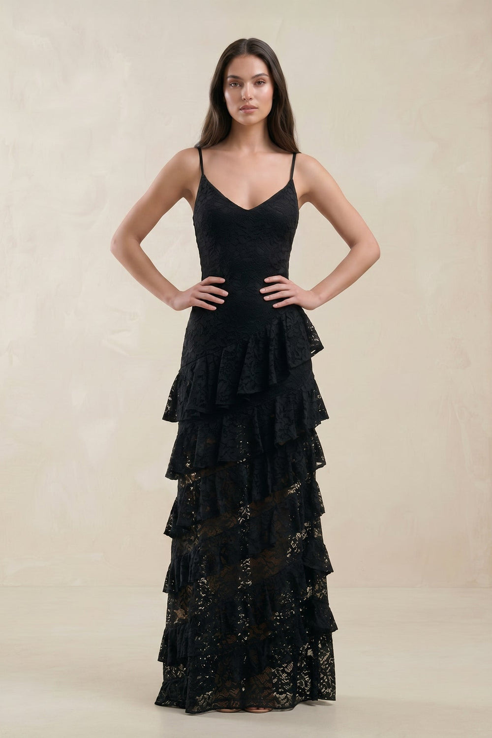 Spaghetti Straps Ruffled Sheath Lace Wedding Dress in Black - SHE IS ME Wedding Dresses