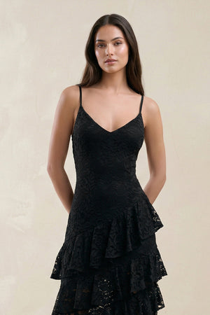 Spaghetti Straps Ruffled Sheath Lace Wedding Dress in Black - SHE IS ME Wedding Dresses