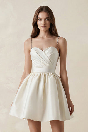Spaghetti Straps Satin A - Line Ruched Mini Wedding Dress in Ivory - SHE IS ME Wedding Dresses