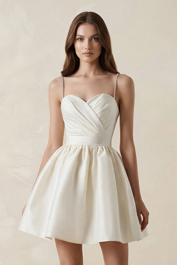 Spaghetti Straps Satin A - Line Ruched Mini Wedding Dress in Ivory - SHE IS ME Wedding Dresses