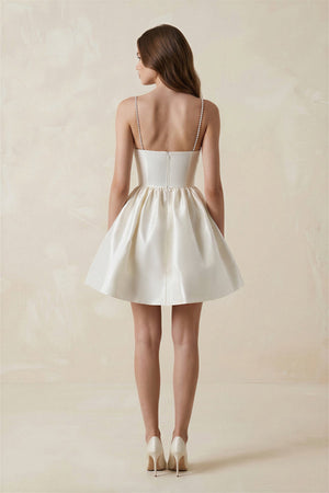 Spaghetti Straps Satin A - Line Ruched Mini Wedding Dress in Ivory - SHE IS ME Wedding Dresses