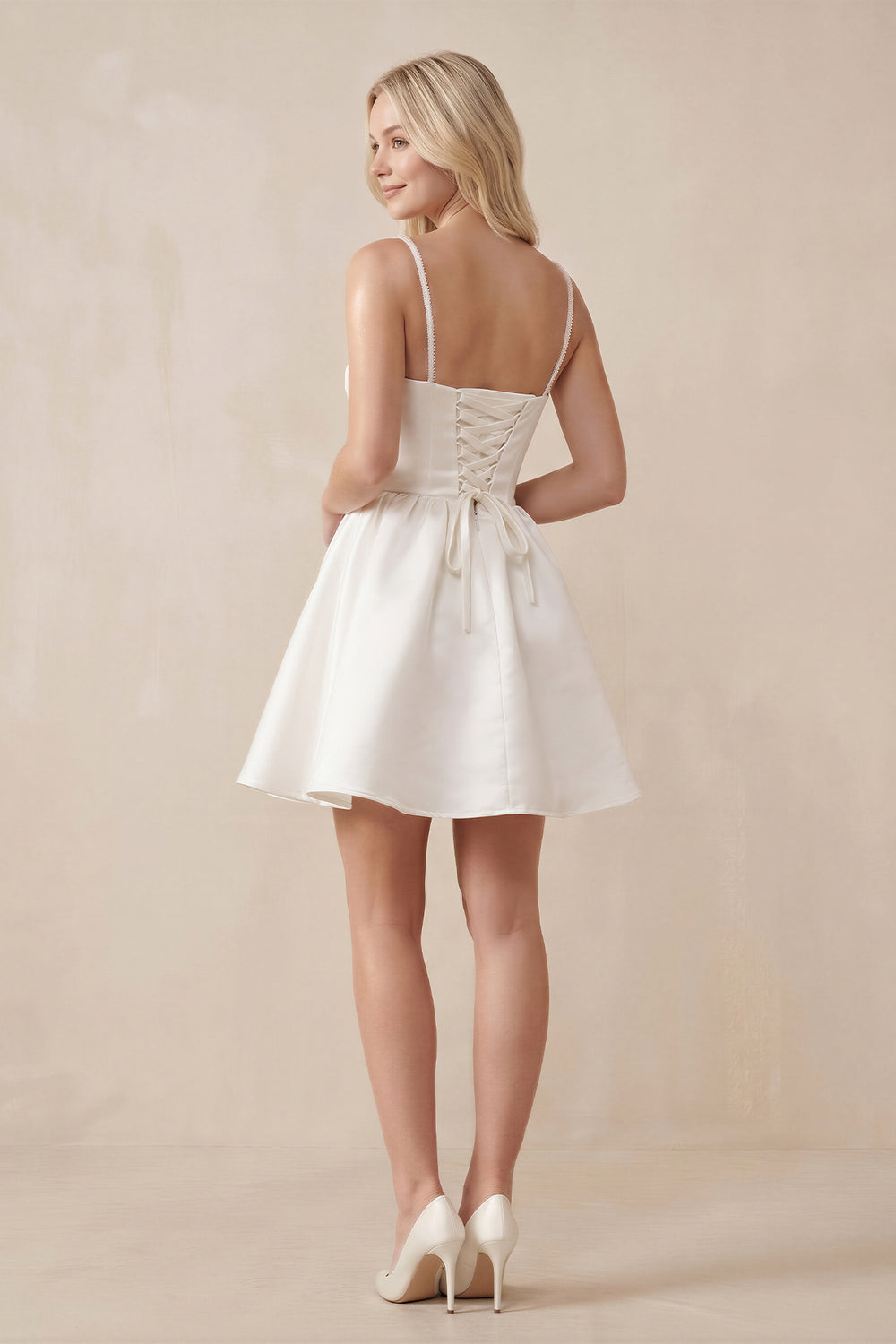Spaghetti Straps Satin A-Line Ruched Mini Wedding Dress in Ivory