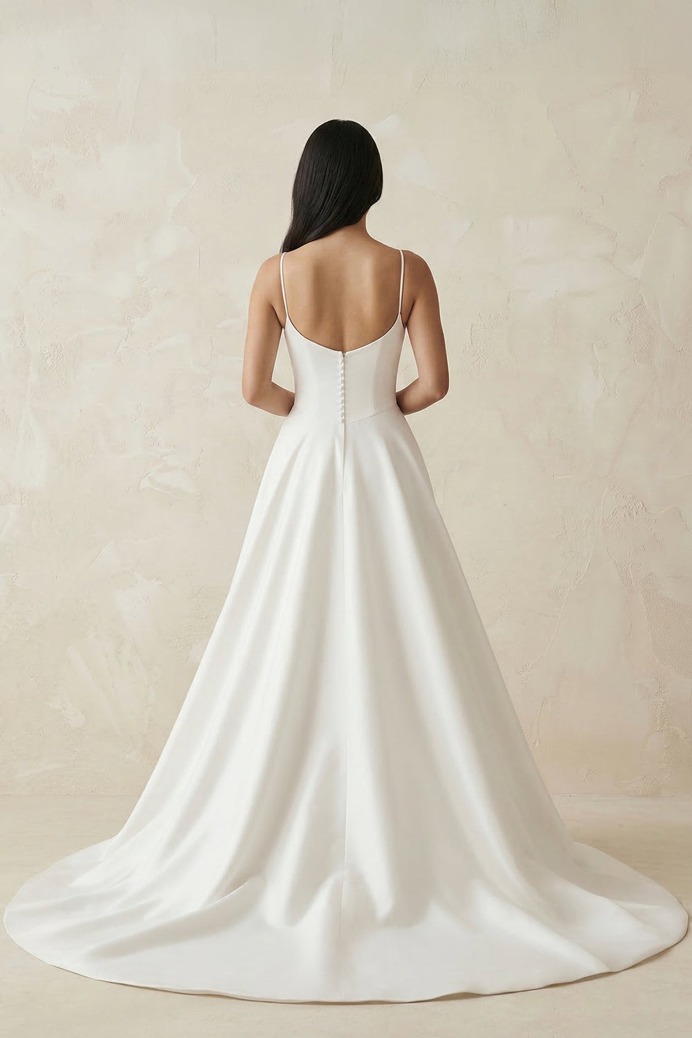 Spaghetti Straps Satin A - Line Ruched Wedding Dress in White - SHE IS ME Wedding Dresses