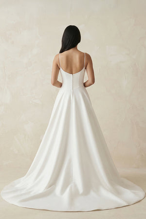 Spaghetti Straps Satin A - Line Ruched Wedding Dress in White - SHE IS ME Wedding Dresses