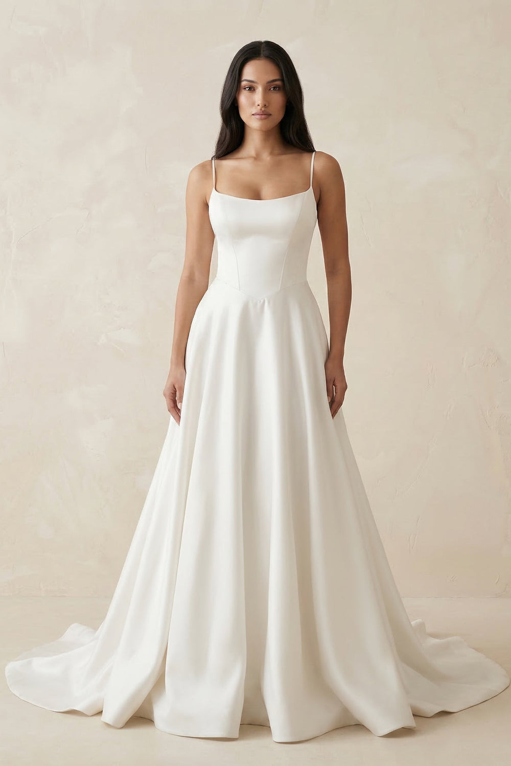 Spaghetti Straps Satin A - Line Ruched Wedding Dress in White - SHE IS ME Wedding Dresses