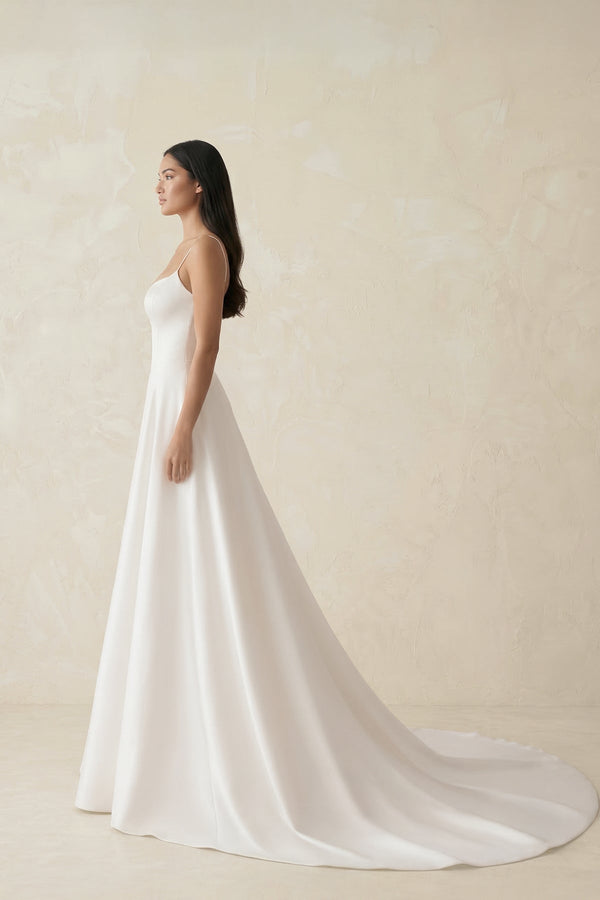 Spaghetti Straps Satin A - Line Ruched Wedding Dress in White - SHE IS ME Wedding Dresses
