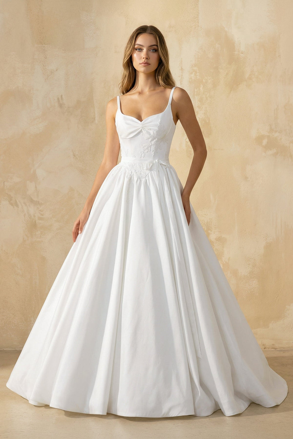 Spaghetti Straps Satin Ball Gown With Appliques in White - SHE IS ME Wedding Dresses