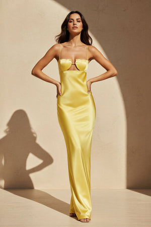 Spaghetti Straps Satin Cutout Maxi Dress in Yellow - SHE IS ME