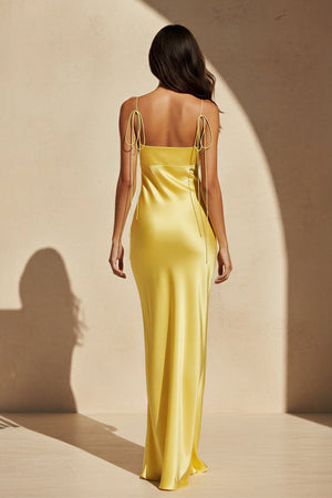 Spaghetti Straps Satin Cutout Maxi Dress in Yellow - SHE IS ME Prom Dresses