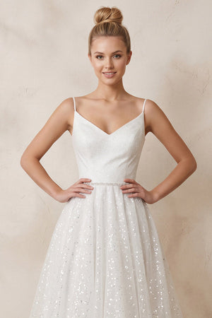 Spaghetti Straps Sequined A - Line Ruched Wedding Dress in White - SHE IS ME Wedding Dresses