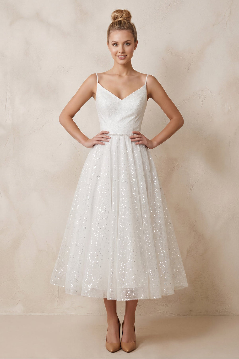 Spaghetti Straps Sequined A - Line Ruched Wedding Dress in White - SHE IS ME Wedding Dresses