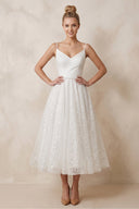 Spaghetti Straps Sequined A - Line Ruched Wedding Dress in White - SHE IS ME Wedding Dresses