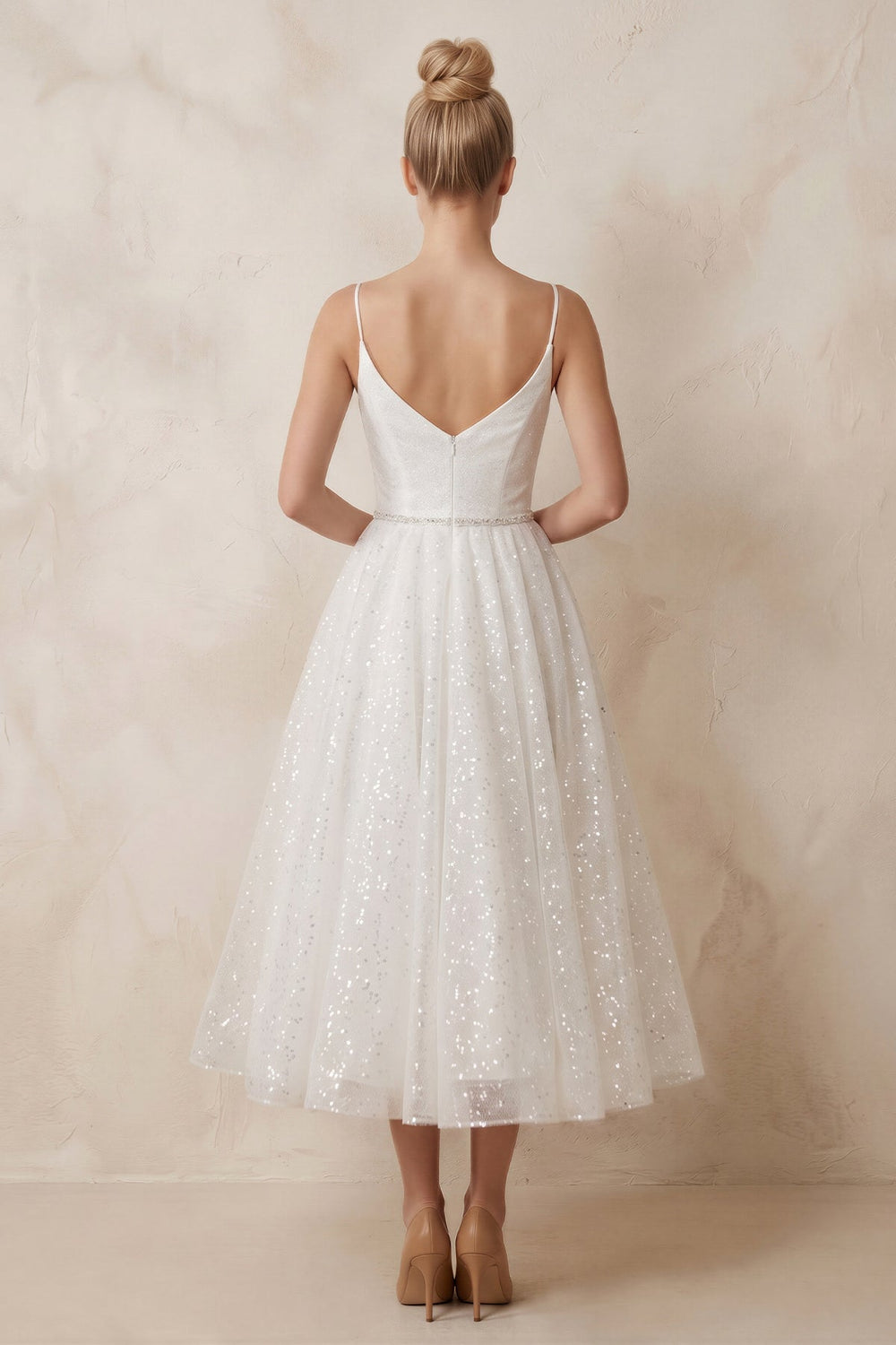 Spaghetti Straps Sequined A - Line Ruched Wedding Dress in White - SHE IS ME Wedding Dresses