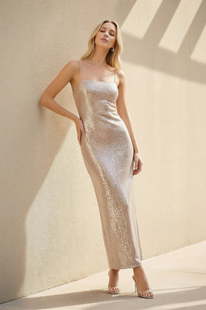 Spaghetti Straps Sequins Maxi Dress in Champagne - SHE IS ME