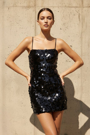 Spaghetti Straps Sequins Mini Dress in Black - SHE IS ME