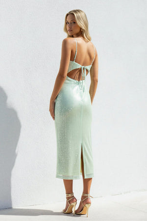 Spaghetti Straps Sequins Open Back Midi Dress in Mint Green - SHE IS ME