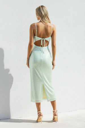 Spaghetti Straps Sequins Open Back Midi Dress in Mint Green - SHE IS ME