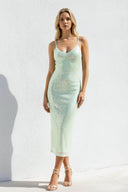 Spaghetti Straps Sequins Open Back Midi Dress in Mint Green - SHE IS ME