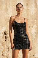 Spaghetti Straps Sequins Sheath Mini Dress in Black - SHE IS ME