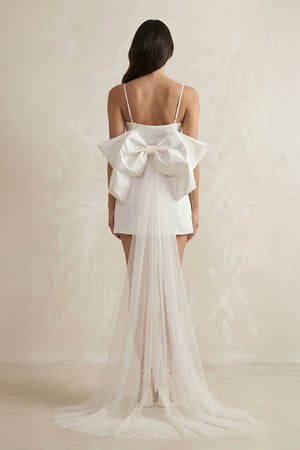 Spaghetti Straps Sheath Bow Wedding Dress With Tulle Train in White - SHE IS ME Wedding Dresses
