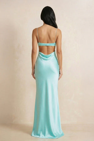 Spaghetti Straps Sheath Maxi Dress With Cutout in Aqua - SHE IS ME PROM DRESSES