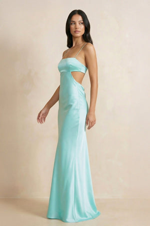 Spaghetti Straps Sheath Maxi Dress With Cutout in Aqua - SHE IS ME PROM DRESSES