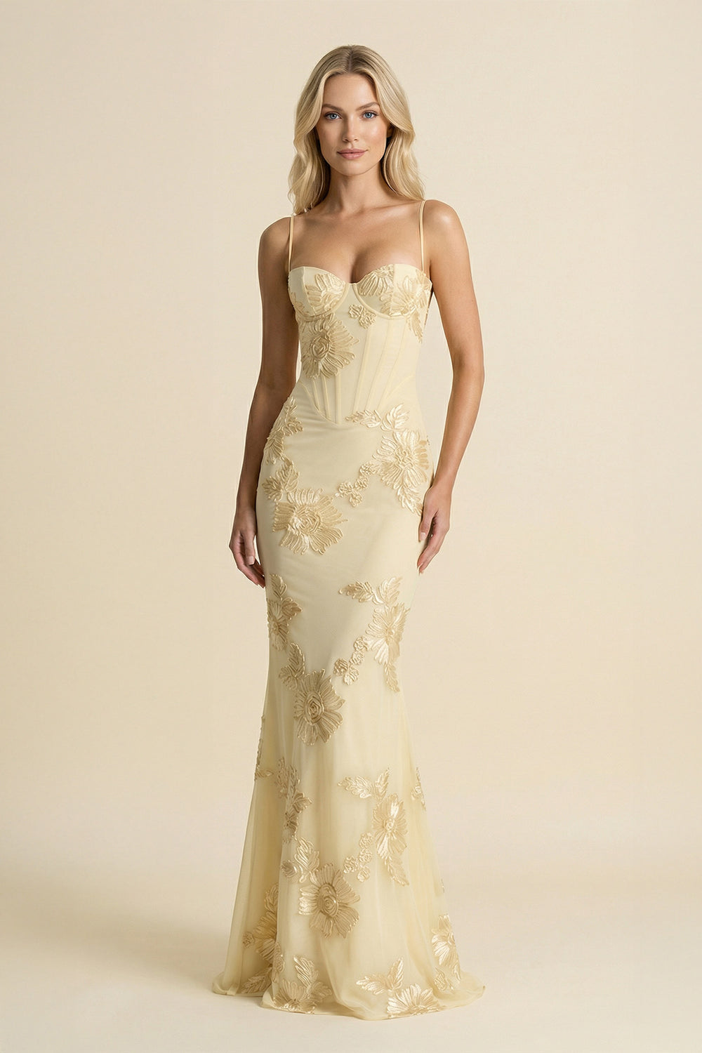 Spaghetti Straps Sheath Maxi Dress With Floral Embroidery in Yellow - SHE IS ME