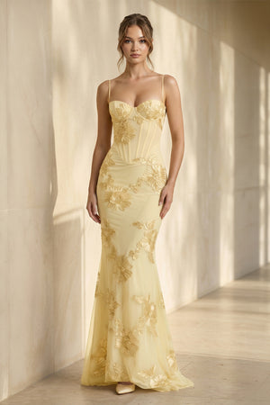 Spaghetti Straps Sheath Maxi Dress With Floral Embroidery in Yellow - SHE IS ME PROM DRESSES