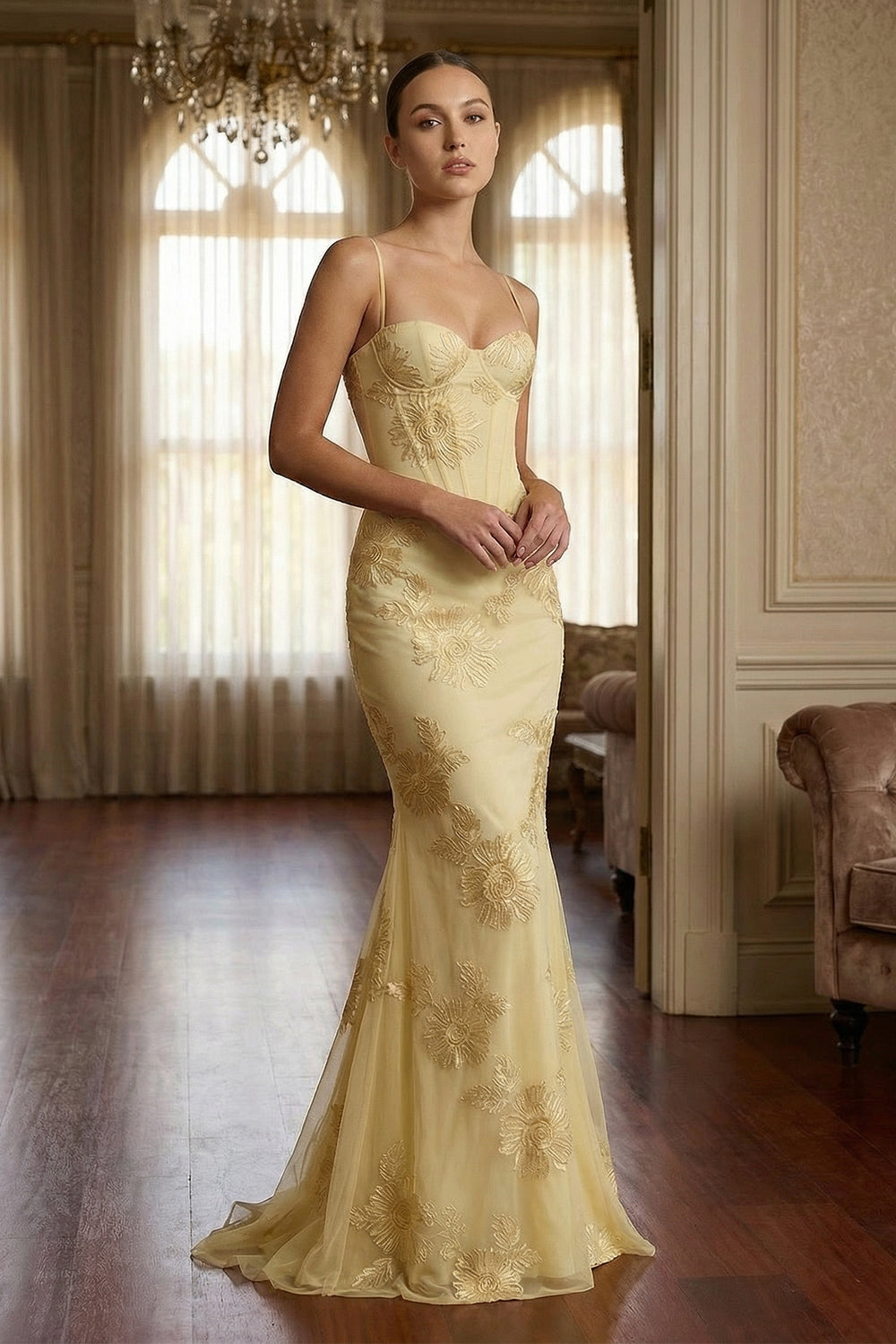 Spaghetti Straps Sheath Maxi Dress With Floral Embroidery in Yellow - SHE IS ME PROM DRESSES