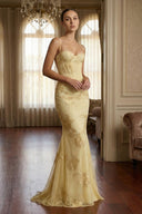 Spaghetti Straps Sheath Maxi Dress With Floral Embroidery in Yellow - SHE IS ME PROM DRESSES