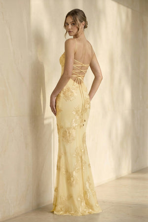 Spaghetti Straps Sheath Maxi Dress With Floral Embroidery in Yellow - SHE IS ME PROM DRESSES