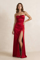 Spaghetti Straps Sheath Maxi Dress With Slit in Burgundy - SHE IS ME PROM DRESSES