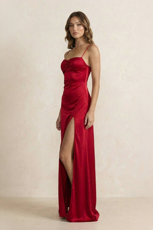 Spaghetti Straps Sheath Maxi Dress With Slit in Burgundy - SHE IS ME PROM DRESSES