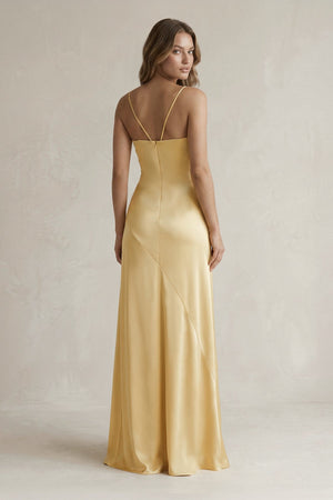 Spaghetti Straps Sheath Maxi Prom Dress With Slit in Yellow - SHE IS ME PROM DRESSES