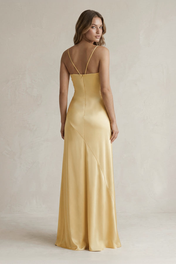 Spaghetti Straps Sheath Maxi Prom Dress With Slit in Yellow - SHE IS ME PROM DRESSES