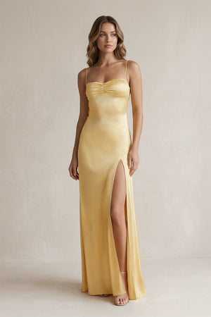 Spaghetti Straps Sheath Maxi Prom Dress With Slit in Yellow - SHE IS ME PROM DRESSES